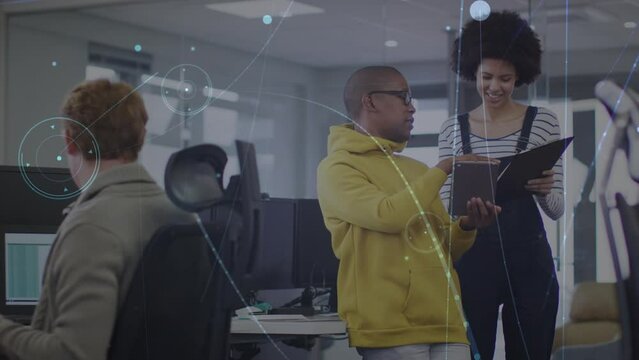 Animation of connections over diverse businesspeople in office