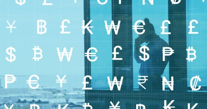 Animation of currency symbols over asian businessman with smartphone