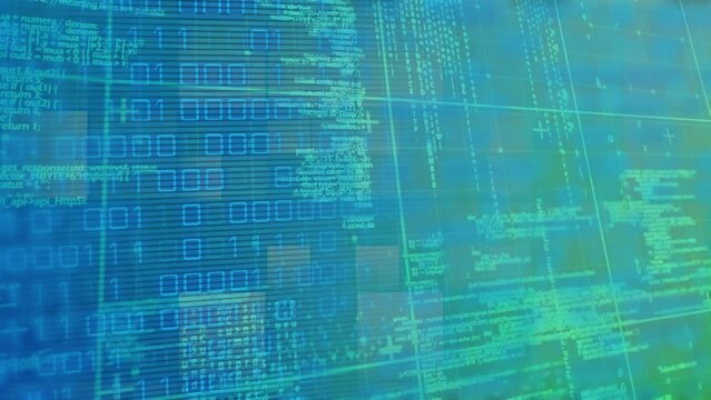 Animation of binary code over blue and green digital screen