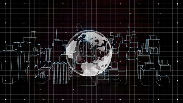 Animation of globe and metaverse city in black digital space