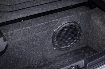 Subwoofer box with one subwoofer driver. Car audio system concept
