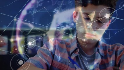 Animation of network of connections and globe over caucasian student - Powered by Adobe