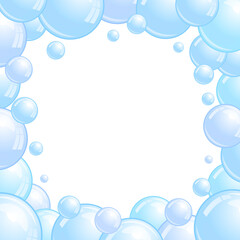 Fototapeta na wymiar Blue soap bubbles frame. Foam border, suds decorative divider. Soap bubbles pattern. Vector background