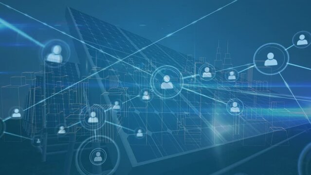 Animation of network of connections and digital cityscape over solar panels - Powered by Adobe