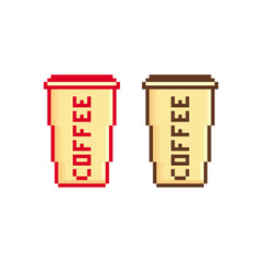 Plastic coffee cup vector icon set. Pixel art. 8 bit logo. eps10