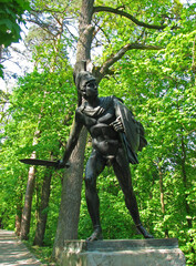 Sculpture of warrior with sword in Alexandria Park in Belaya Tserkov, Ukraine	
