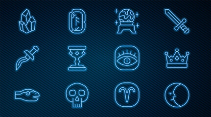 Set line Moon, King crown, Magic ball, Medieval goblet, Dagger, stone, Masons and runes icon. Vector - obrazy, fototapety, plakaty