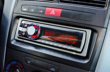 Car audio player. Closeup view