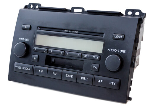 Old car audio player 2 DIN. Isolated on white