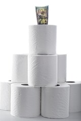 Consumer Staples Inflation Concept with tower of toilet tissue rolls and U.S.  one hundred dollar bill