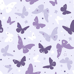 Seamless pattern with silhouettes of butterflies against the starry sky. Vector graphics.