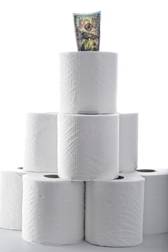 Consumer Staples Inflation Concept With Tower Of Toilet Tissue Rolls And U.S.  One Hundred Dollar Bill