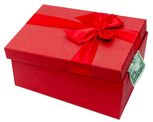 Red gift box with a bow and dollar banknote. Isolated on а white background