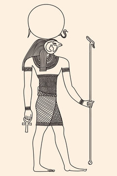An ancient Egyptian deity with a bird's head and a scepter in her hands. The figure is isolated on a beige background.