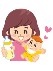 赤ちゃんに哺乳瓶でミルクを飲ますお母さん　育児