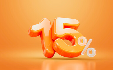 orange realistic glossy 15 percentage number symbol 3d render concept seasonal shopping discount - obrazy, fototapety, plakaty