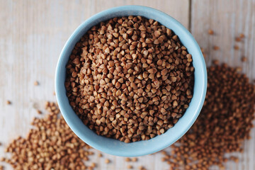 Buckwheat grain in a small ceramic bowl
