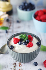 A bowl with Greek yogurt with berries