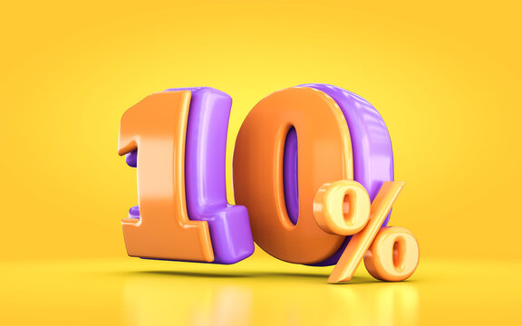 3d render orange and purple 10 percent number of promotional sale discount on yellow background