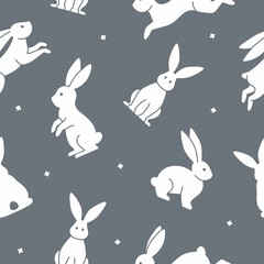 Seamless pattern with different rabbits silhouette with stars background. Print design for textiles vector illustration