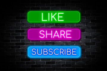 Fototapeta premium Like, Share, Subscribe Neon banner on brick wall background, light signboard, 3D illustration.