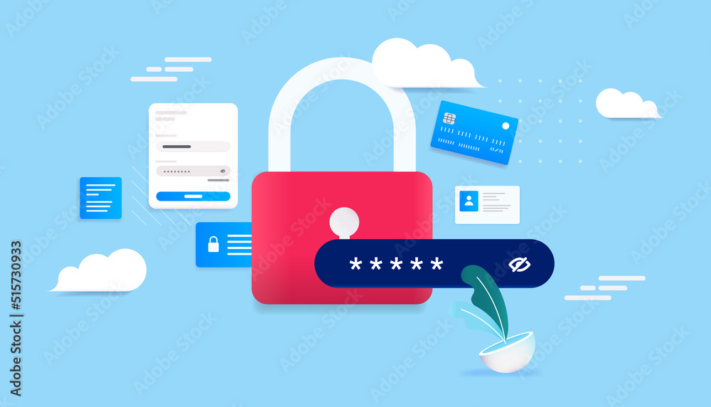 Poster security padlock - pad lock symbol with password protection and digital elements. vector illustratio