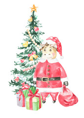 Watercolor Christmas Cute character illustration.Red Santa Bull, Cow, Christmas tree, Merry Christmas, Happy New year, Noel, presents, Greeting card, invitataion, poster,postcard, holiday, printable 