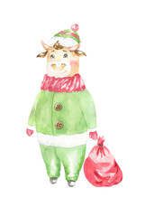 Watercolor Christmas Cute character illustration.Green Santa Bull, Cow,Christmas tree, Merry Christmas, Happy New year, Noel, presents, Greeting card, invitataion, poster,postcard, holiday, printable 