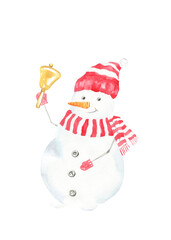 Watercolor Christmas Cute character illustration. Snowman in scarf Christmas tree, Merry Christmas, Happy New year, Noel, presents, Greeting card, invitataion, poster,postcard, holiday, printable 