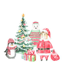 Watercolor Christmas Cute character illustration. Pinguin, bear, bull, clothes, Christmas tree, forest, Merry Christmas, Happy New year, Noel, presents, Greeting card, invitataion,postcard, holiday 