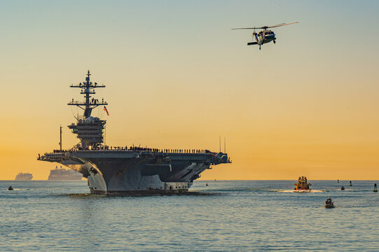 The USS Carl Vinson returning from deployment into San Diego Harbor, California.
