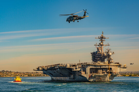 The USS Carl Vinson returning from deployment into San Diego Harbor, California.