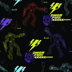 Linear Robot seamless pattern. Cyber robotically hero repeat print on digital  background with lightnings, arrows, digital elements, text Danger power. Robotic man character illustration