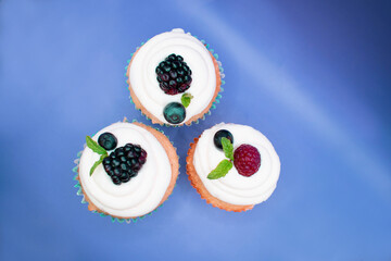 Cupcakes de frutos rojos con hojas de menta desde una vista cenital en un fondo aislado color azul