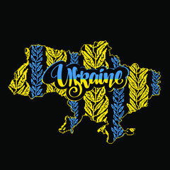 Ukraine map illustration with flowers ornament inside. Blue and yellow Ukrainian poster.