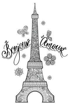Eiffel tower illustration with ornament inside. Coloring pages with Eiffel tower, butterflies, flowers and leaves. "Bonjour amour" calligraphic lettering composition.