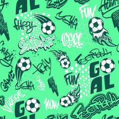 Blue monochrome Football seamless pattern with Soccer ball and graffiti words " Cool, Fun, Yeah, Happy, Crazy, Goal " drawing in street art style on blue background.. Abstract repeat sport print. 