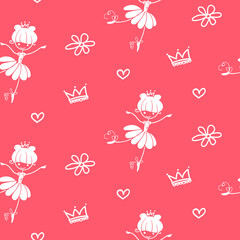 Abstract seamless pattern with dancing princess ballerina,  crown sign, flowers. 