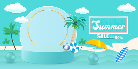 Summer sale  template Business  promotion product 3d Product display. Hello summer holiday beach horizontal banner. Hi Summer vacation Discount travel poster. Colorful tropical sea beach Landscape.