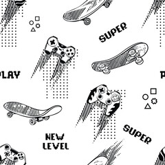 Abstract seamless pattern with hand drawn gamepads and skateboard. Black and white repeat print for fashion textile, sport clothes. Grunge teenagers ornament © Kseniia Koval