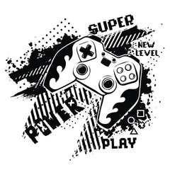 Black and white grunge Gamepad t shirt design. Grungy background with wording with hand written lettering phrases new level, play, power, super. Gaming illustration joystick © Kseniia Koval