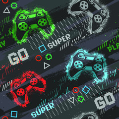 Abstract seamless pattern with gamepads on endless dark grey Grunge background with digital elements end dots. Grunge gaming repeat print for sport textile, fashion clothes, wrapping paper. © Kseniia Koval
