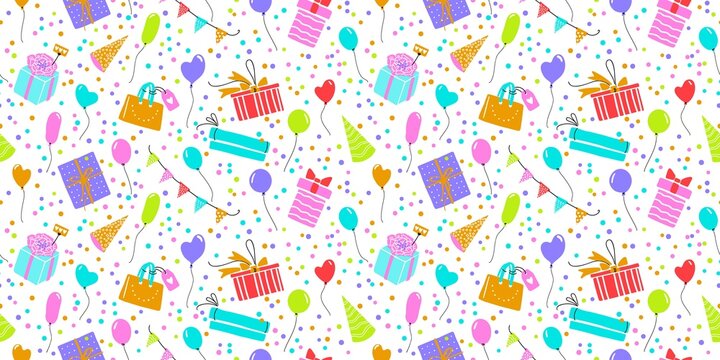 Celebration vector seamless pattern with gift boxes, confetti, balloons. Colorful simple happy birthday repeatable background.