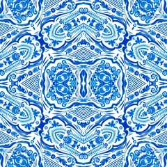 Blue white watercolor azulejos tile background. Seamless coastal geometric floral mosaic effect. Ornamental arabesque all over summer fashion damask repeat