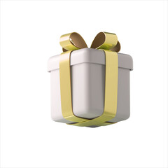 Realistic 3d white gift box with golden glossy ribbon bow isolated on a white background. 3d render isometric modern holiday surprise box. Realistic icon for present, birthday or wedding banners