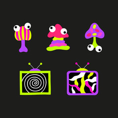 Psychedelic trippy acid rave set. Trendy abstract mushrooms and tvs in cartoon style. 60s, 70s, hippie elements