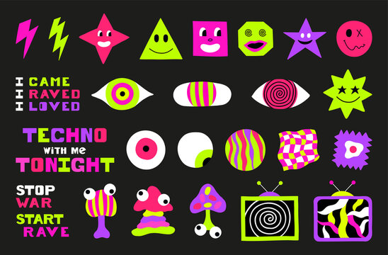 Psychedelic trippy acid rave large set. Trendy abstract characters, objects in cartoon style. 60s, 70s, hippie elements