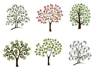 Flat vector trees. Floras botanical elements. Decorative stylized set on white background abstract of different shapes, species, brown trunks, not symmetrical. Ecology illustration for book. magazine