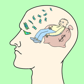 Man does not want to work, dreams of easy money. Vector illustration
