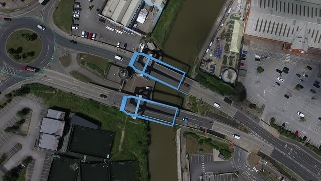 aerial view of  Stoneferry Bridge is actually two bascule bridges crossing the River Hull in Kingston upon Hull